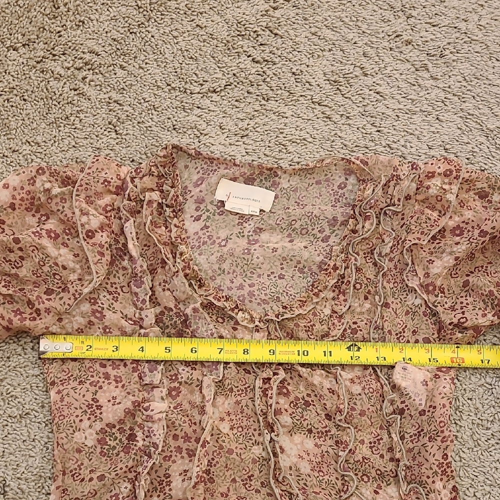 Anthropologie Floral Sheer Cropped Puff Sleeve Blouse PXXS - Picture 14 of 15